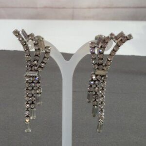 Vintage Silver Tone Rhinestone Tassel Clip On Earrings 2.5" Glam Bling Bridal